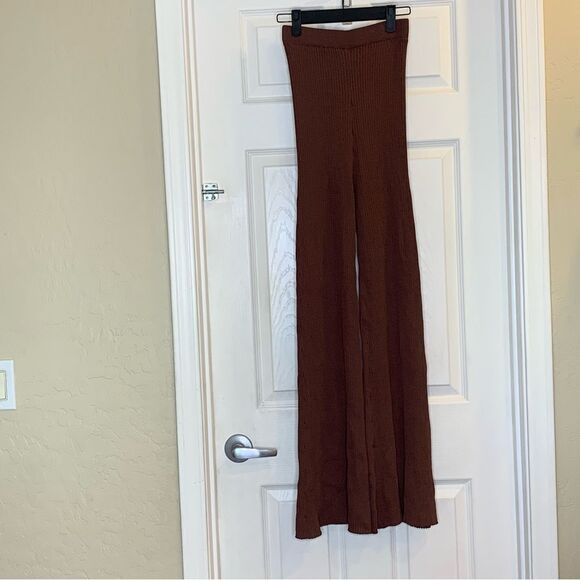 Showpo Zyanya Ribbed High Waisted Wide Leg Pants Size 2 Color Chocolate - Picture 8 of 9